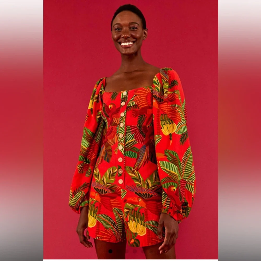 FARM Rio NWT Red Forest Birds Romper with Balloon Sleeves and front Buttons. - Picture 1 of 16